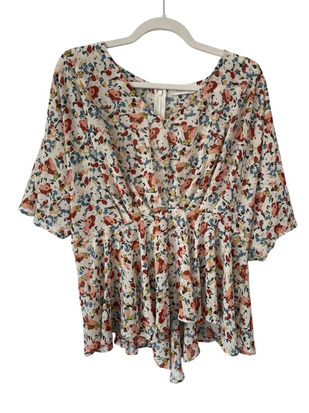 The Nines Peplum Blouse Medium Pleated Floral V-Neck Short Sleeve Multi Bohemian